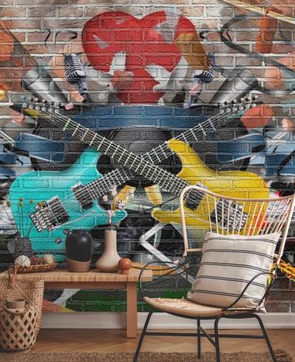 Buntes personalisierbares Graffiti-Tapeten-Wandbild namens Graffiti — Gitarre für Jugendzimmer Buntes personalisierbares Graffiti-Tapeten-Wandbild namens Graffiti — Gitarre für Jugendzimmer