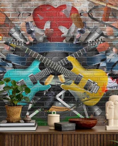 fargerikt tilpassbart graffiti tapet veggmaleri kalt Graffiti - Gitar for tenåringens soverom