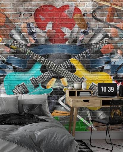 colorido mural de papel pintado de graffiti personalizable llamado Graffiti - Guitarra para dormitorio de adolescentes