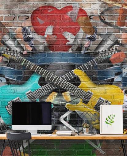 farverigt tilpasseligt graffiti tapetmaleri kaldet Graffiti - Guitar til teenagerens soveværelse