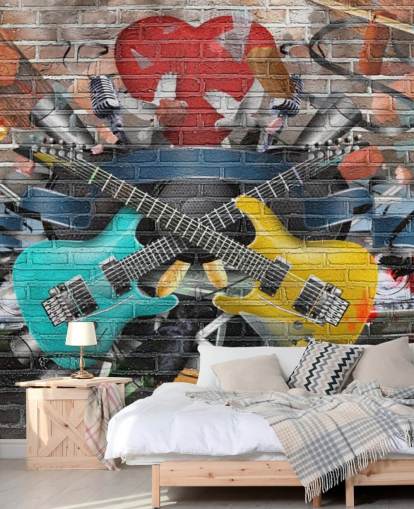 colorido mural de papel pintado de graffiti personalizable llamado Graffiti - Guitarra para dormitorio de adolescentes colorido mural de papel pintado de graffiti personalizable llamado Graffiti - Guitarra para dormitorio de adolescentes