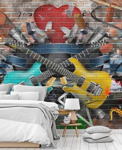 farverigt tilpasseligt graffiti tapetmaleri kaldet Graffiti - Guitar til teenagerens soveværelse