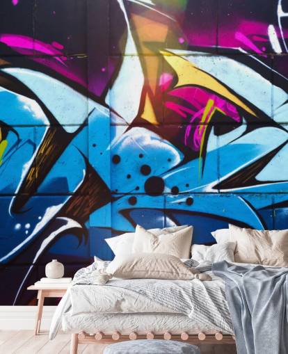 blue street art wallpaper mural called Graffiti Urban for teen bedrooms and commercial spaces