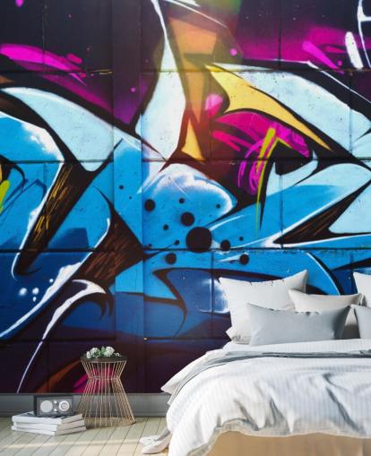 mural azul de arte callejero llamado Graffiti Urban para dormitorios de adolescentes y espacios comerciales