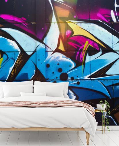 mural de papel de parede de arte de rua azul chamado Graffiti Urban para quartos de adolescentes e espaços comerciais mural de papel de parede de arte de rua azul chamado Graffiti Urban para quartos de adolescentes e espaços comerciais