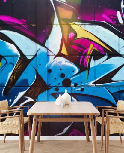 blue street art wallpaper mural called Graffiti Urban for teen bedrooms and commercial spaces