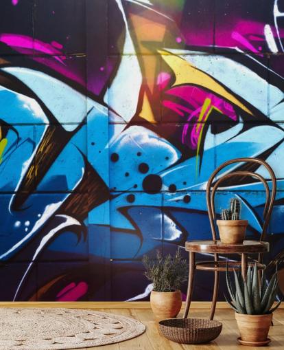 blue street art wallpaper mural called Graffiti Urban for teen bedrooms and commercial spaces