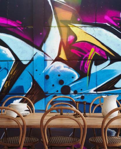 blue street art wallpaper mural called Graffiti Urban for teen bedrooms and commercial spaces