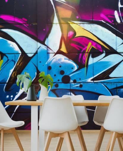 mural azul de arte callejero llamado Graffiti Urban para dormitorios de adolescentes y espacios comerciales
