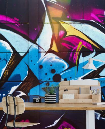blue street art wallpaper mural called Graffiti Urban for teen bedrooms and commercial spaces