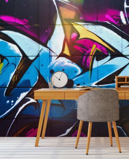 blue street art wallpaper mural called Graffiti Urban for teen bedrooms and commercial spaces