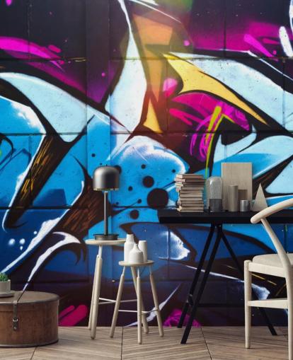 blå gatukonst tapetväggmålning kallad Graffiti Urban för tonårsrum och kommersiella utrymmen