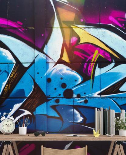 blue street art wallpaper mural called Graffiti Urban for teen bedrooms and commercial spaces