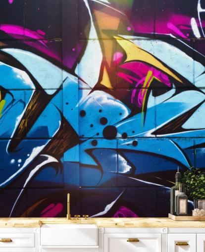 blue street art wallpaper mural called Graffiti Urban for teen bedrooms and commercial spaces
