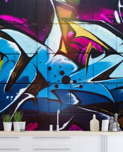 blå gadekunst tapetmaleri kaldet Graffiti Urban til teenagersoveværelser og kommercielle rum blå gadekunst tapetmaleri kaldet Graffiti Urban til teenagersoveværelser og kommercielle rum