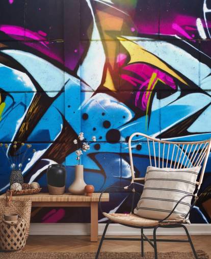 mural azul de arte callejero llamado Graffiti Urban para dormitorios de adolescentes y espacios comerciales