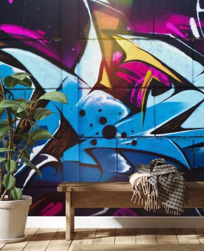 blue street art wallpaper mural called Graffiti Urban for teen bedrooms and commercial spaces