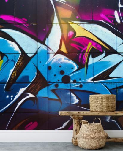 blå gatukonst tapetväggmålning kallad Graffiti Urban för tonårsrum och kommersiella utrymmen blå gatukonst tapetväggmålning kallad Graffiti Urban för tonårsrum och kommersiella utrymmen