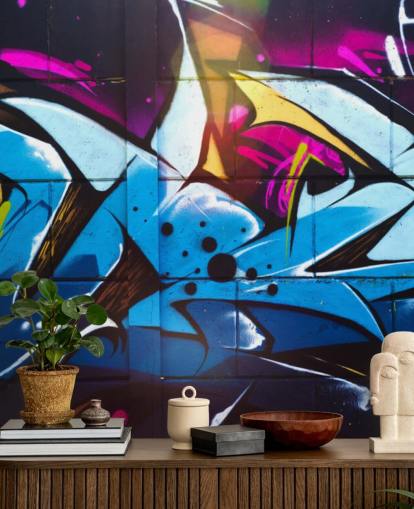 mural azul de arte callejero llamado Graffiti Urban para dormitorios de adolescentes y espacios comerciales