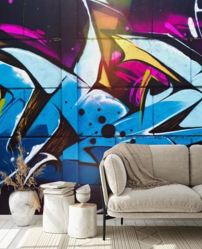 blå gadekunst tapetmaleri kaldet Graffiti Urban til teenagersoveværelser og kommercielle rum