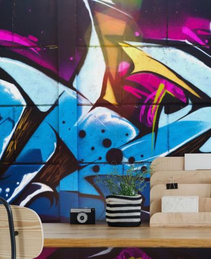 sininen katutaiteen taustakuvamaalaus nimeltä Graffiti Urban teini-ikäisten makuuhuoneisiin ja liiketiloihin
