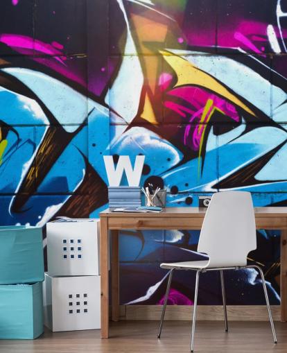 blue street art wallpaper mural called Graffiti Urban for teen bedrooms and commercial spaces