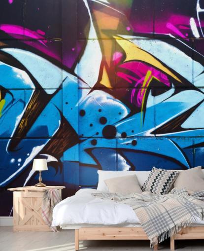 blue street art wallpaper mural called Graffiti Urban for teen bedrooms and commercial spaces blue street art wallpaper mural called Graffiti Urban for teen bedrooms and commercial spaces