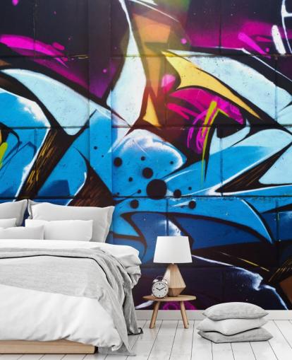 blå gatekunst tapetmaleri kalt Graffiti Urban for tenåringssoverom og kommersielle rom