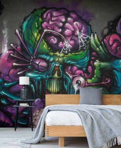 purple and green customizable alien graffiti wallpaper mural called Graffiti - Alien Creature for a teen bedroom