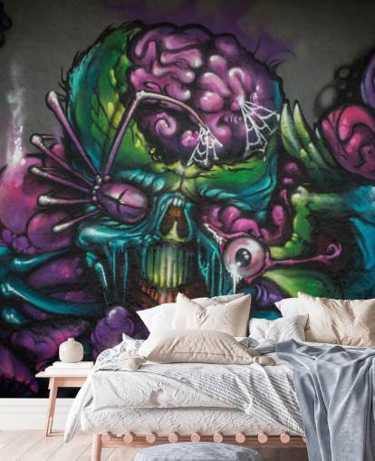 Personalisierbare Alien-Graffiti-Tapete in Violett und Grün mit dem Titel Graffiti - Alien Creature für ein Jugendzimmer