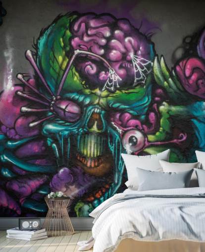 purple and green customisable alien graffiti wallpaper mural called Graffiti - Alien Creature for a teen bedroom