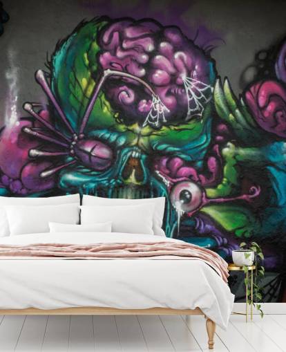 purple and green customisable alien graffiti wallpaper mural called Graffiti - Alien Creature for a teen bedroom