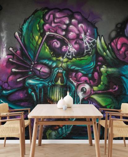 mural de papel de parede de grafite alienígena personalizável em roxo e verde chamado Graffiti - Alien Creature para um quarto de adolescente
