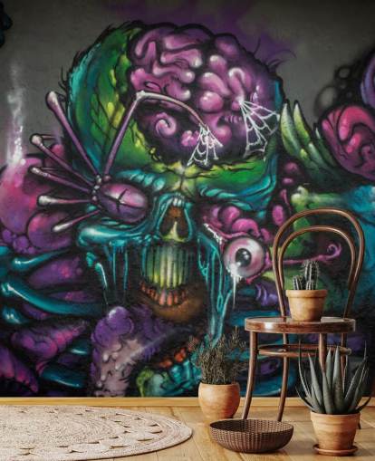 violetti ja vihreä muokattava ulkomaalaisten graffiti-taustakuvamaalaus nimeltä Graffiti - Alien Creature teini-ikäiseen makuuhuoneeseen