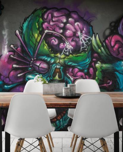 purple and green customizable alien graffiti wallpaper mural called Graffiti - Alien Creature for a teen bedroom