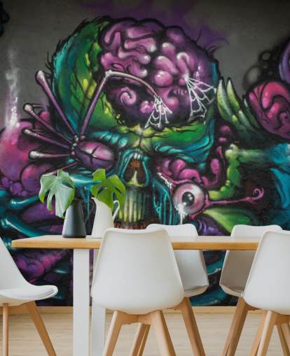 purple and green customizable alien graffiti wallpaper mural called Graffiti - Alien Creature for a teen bedroom