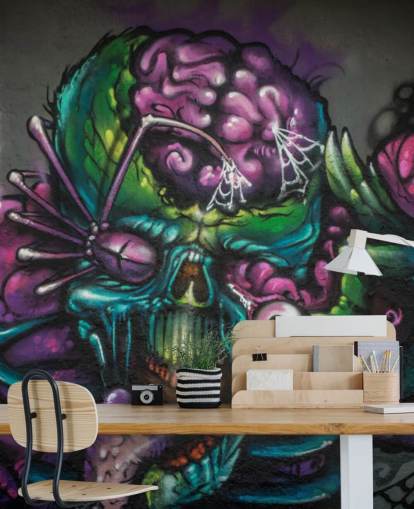 carta da parati murale con graffiti alieni personalizzabile viola e verde chiamata Graffiti - Alien Creature per una camera da letto per adolescenti carta da parati murale con graffiti alieni personalizzabile viola e verde chiamata Graffiti - Alien Creature per una camera da letto per adolescenti