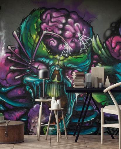 Personalisierbare Alien-Graffiti-Tapete in Violett und Grün mit dem Titel Graffiti - Alien Creature für ein Jugendzimmer Personalisierbare Alien-Graffiti-Tapete in Violett und Grün mit dem Titel Graffiti - Alien Creature für ein Jugendzimmer