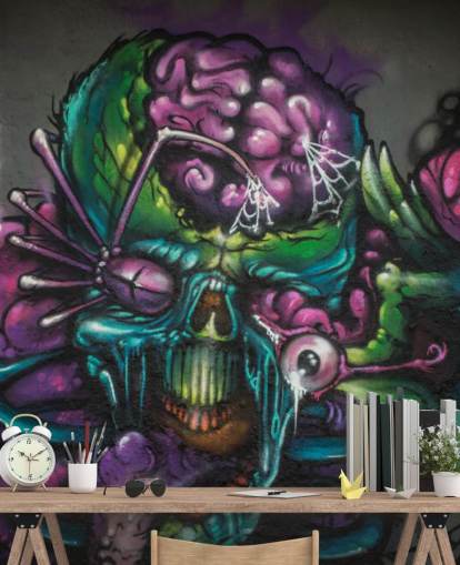 lilla og grøn tilpasselig fremmed graffiti tapetmaleri kaldet Graffiti - Alien Creature til et teenagerværelse