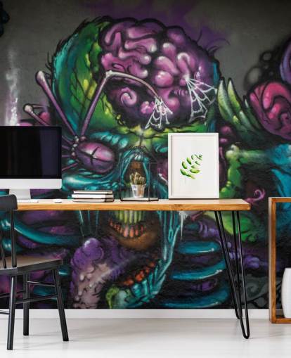 mural de papel pintado de graffiti alienígena personalizable en morado y verde llamado Graffiti - Alien Creature para una habitación de adolescentes