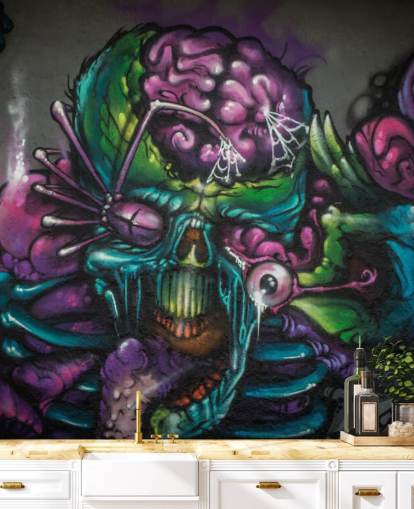 lilla og grønt tilpassbart fremmed graffiti tapetmaleri kalt Graffiti - Alien Creature for et tenåringssoverom