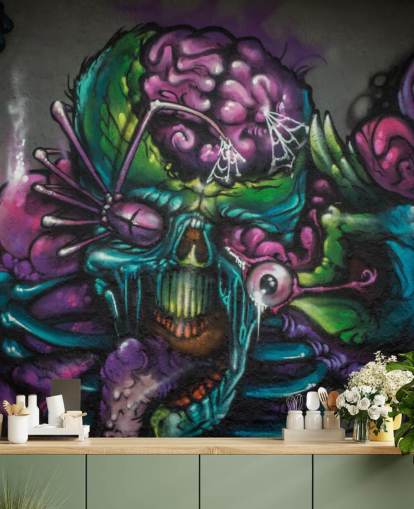 papier peint mural de graffiti extraterrestre personnalisable violet et vert appelé Graffiti - Créature extraterrestre pour une chambre d'adolescent