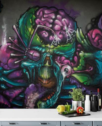 papier peint mural de graffiti extraterrestre personnalisable violet et vert appelé Graffiti - Créature extraterrestre pour une chambre d'adolescent