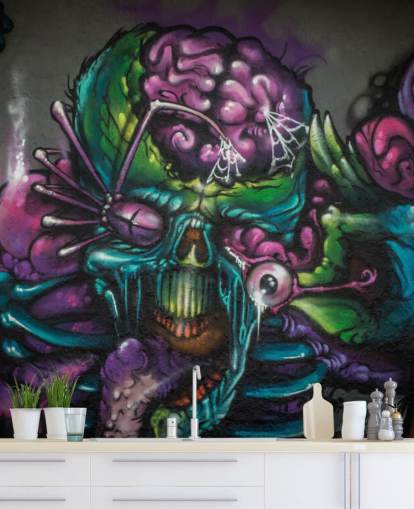 Personalisierbare Alien-Graffiti-Tapete in Violett und Grün mit dem Titel Graffiti - Alien Creature für ein Jugendzimmer
