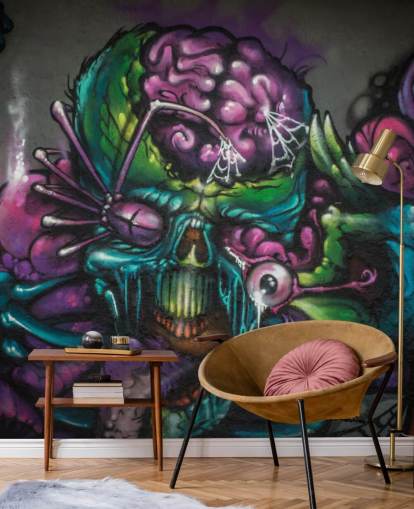 purple and green customizable alien graffiti wallpaper mural called Graffiti - Alien Creature for a teen bedroom