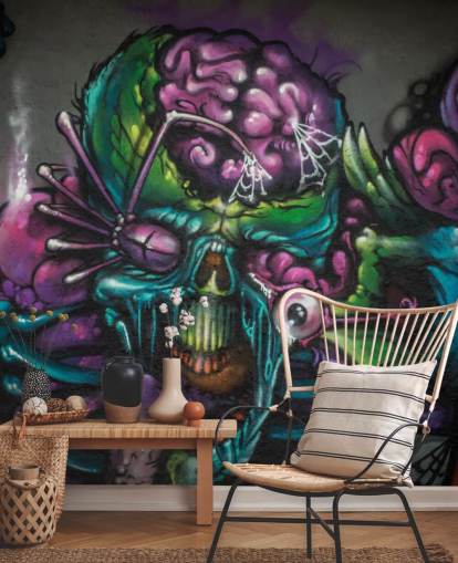 mural de papel pintado de graffiti alienígena personalizable en morado y verde llamado Graffiti - Alien Creature para una habitación de adolescentes mural de papel pintado de graffiti alienígena personalizable en morado y verde llamado Graffiti - Alien Creature para una habitación de adolescentes