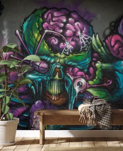 mural de papel de parede de grafite alienígena personalizável em roxo e verde chamado Graffiti - Alien Creature para um quarto de adolescente