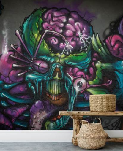 Personalisierbare Alien-Graffiti-Tapete in Violett und Grün mit dem Titel Graffiti - Alien Creature für ein Jugendzimmer