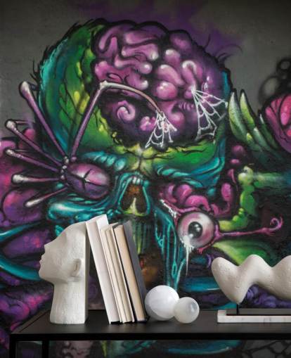 mural de papel pintado de graffiti alienígena personalizable en morado y verde llamado Graffiti - Alien Creature para una habitación de adolescentes
