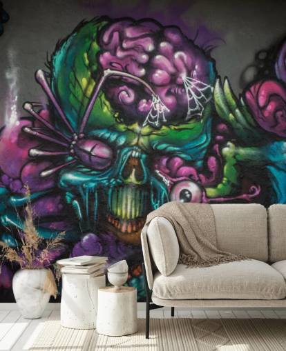 mural de papel pintado de graffiti alienígena personalizable en morado y verde llamado Graffiti - Alien Creature para una habitación de adolescentes mural de papel pintado de graffiti alienígena personalizable en morado y verde llamado Graffiti - Alien Creature para una habitación de adolescentes